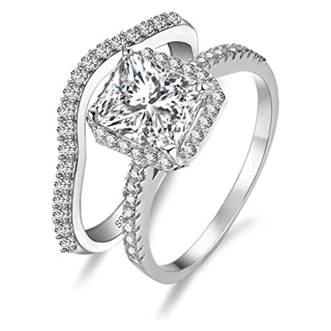 Diamonbella 72 facets 2 Carat Cushion Cut NSCD Simulated Diamond Ring Double Band Set Solid 925 Silver Cover