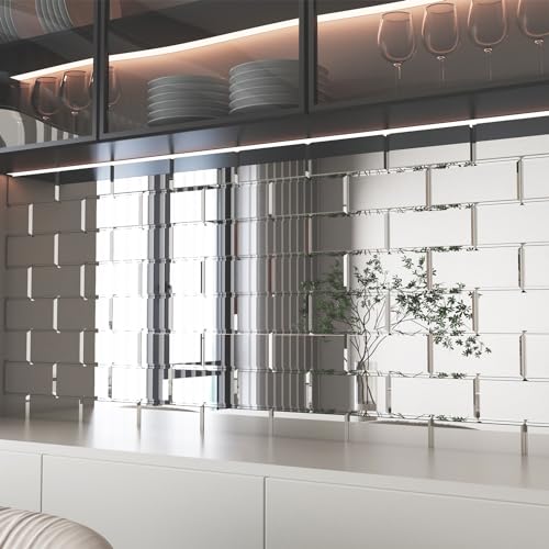 Adedeo Peel and Stick Beveled Mirror Glass Subway Tile Silver 3 x 6 Inch for Kitchen Backsplash Bathroom Wall (40 Pcs)