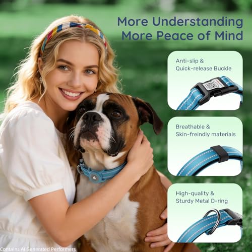 Image of Reflective Dog Collar with AirTag Holder, Waterproof Dog Collar with QR Code, Heavy Duty Adjustable Pet Collar for Small Medium Large Dogs, Blue