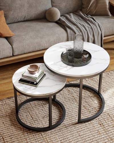 Amveya Petite Table Basse Gigogne Lot de 2 Ronde 50+40cm, Table de Salon Basse Effet Marbre Blanc et Métal Noir, Bout de Canapé Style Scandinave pour Meubles...