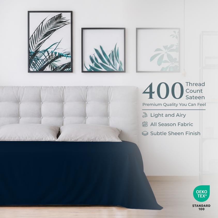 Image of Royale Linen 400 Thread Count 100% Cotton Flat Sheets Only - Cooling Sheets - King Flat Bed Sheets Sold Separately - Luxury Sateen Weave - Breathable & Super Soft Top Sheet Only (King, Rivera Navy)