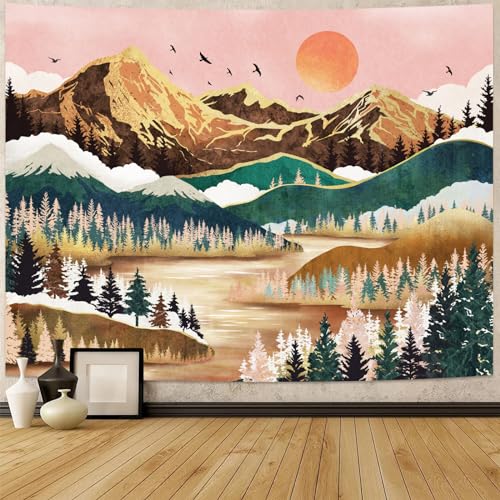 Neasow Mountain Tapestry, Nature Forest Tree Lake Landscape Tapestries Sunset Orange And Green Wall Decor For Home Bedroom 36×48 Inch cover