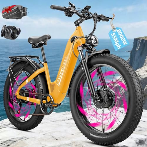 TIAZHYU 8000W Peak Power Dual Motor Electric Bike for Adults, Max 55 Mph, E-Bike 98 Miles Range, 26" Fat Tire, 52V 26Ah, Fast Ebike Commuter, Electric Bicycles for Mountain Road Sand Snow (Orange-1)