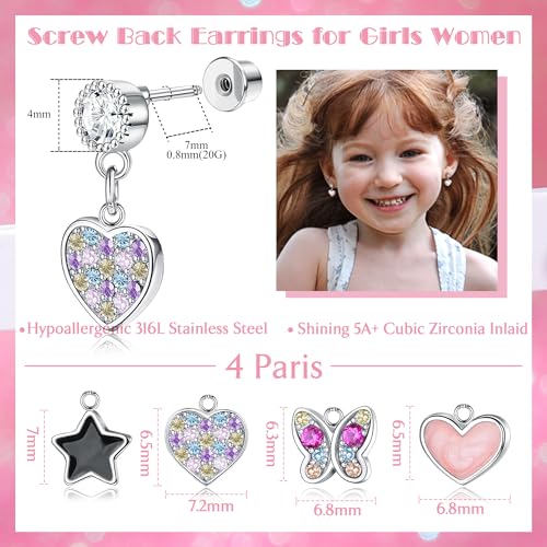YADOCA 4 Pairs Screw Back Earrings For Girls Women Hypoallergenic 316L Stainless Steel Cute Pink CZ Heart Screwback Dangle Earrings Multicolored Cubic Zirconia Flower Butterfly Rainbow Earrings Dangling Set3