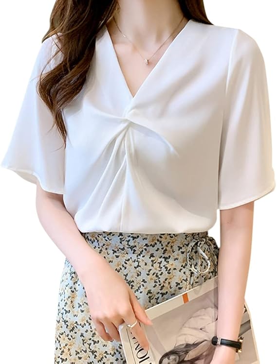 Amazon S E M O 1 M U S レディース シャツ ブラウス 半袖 五分袖 夏 ｖネック シフォン トップス 通勤 オフィス プルオーバー 大きいサイズ エレガント 韓国風 シャツ ブラウス 通販