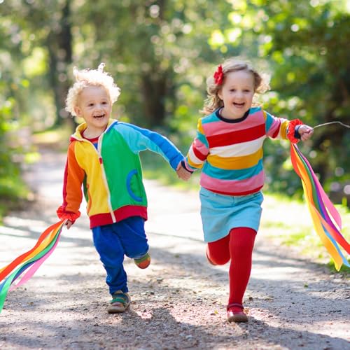 Image of VioraWhite 6 Pcs Rainbow Dance Ribbons for Kids Rainbow Rhythm Ribbons Elastic Wrist Streamers Hand Held Rhythm Streamers Gymnastics Dance Party Props for Adult Decor (0.8 x 19.7 Inch,Red)