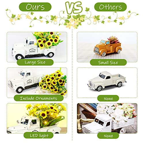 Ourwarm Vintage White Truck Decor With Sunflowers Artificial Flowers Farmhouse Table Decor, Led String Lights Metal Truck Sunflower Decor For Home Rustic Farmhouse Tiered Tray Decor, Table Top Decor #TOP4