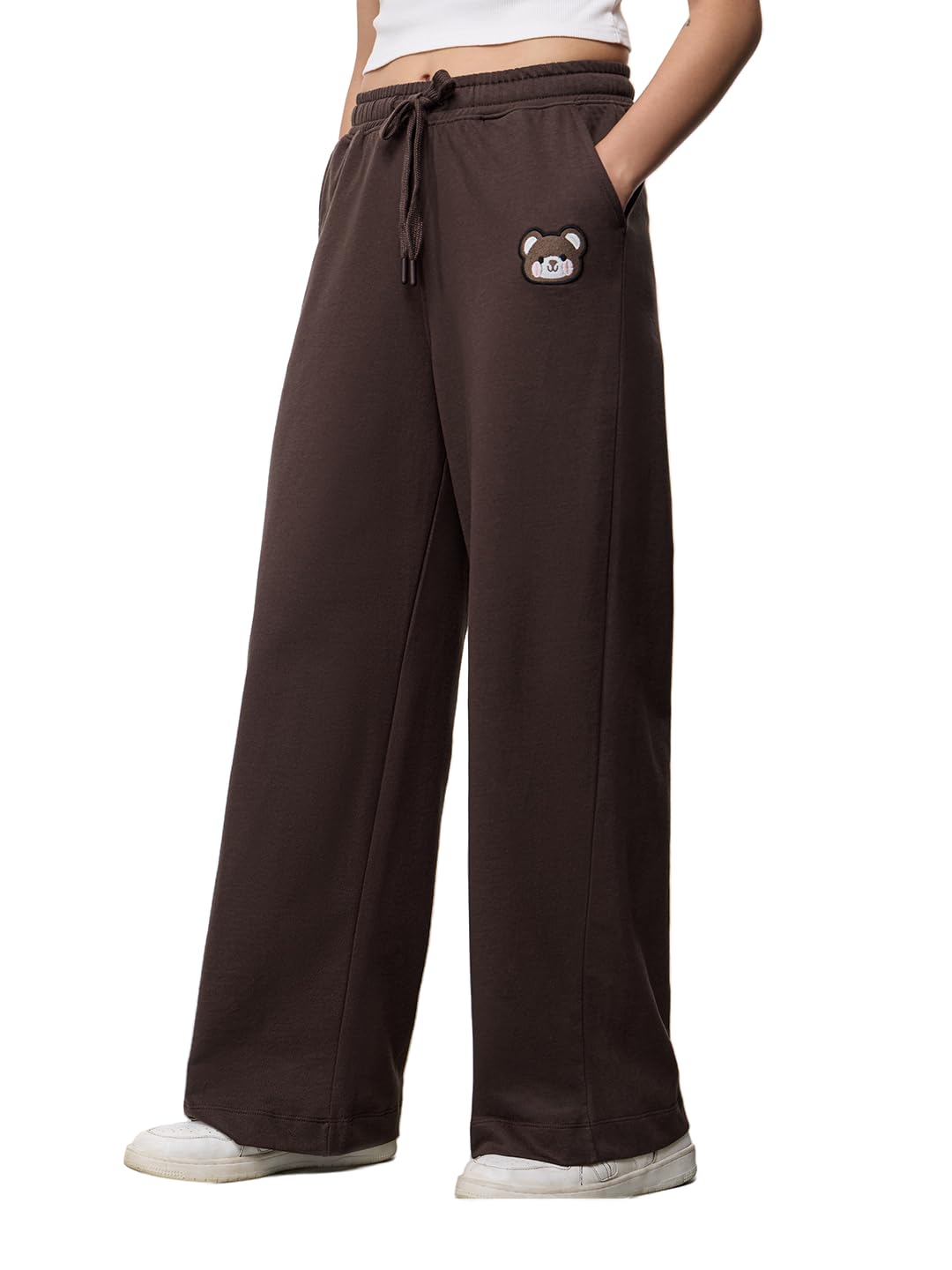 the souled store Teddy Women and Girls Drawstring Waist Dark Brown Embroidery Cotton Straight Fit Stylish Comfortable Lounge Pants Athleisure Breathable Trendy Streetwear Casual Joggers-picture-23