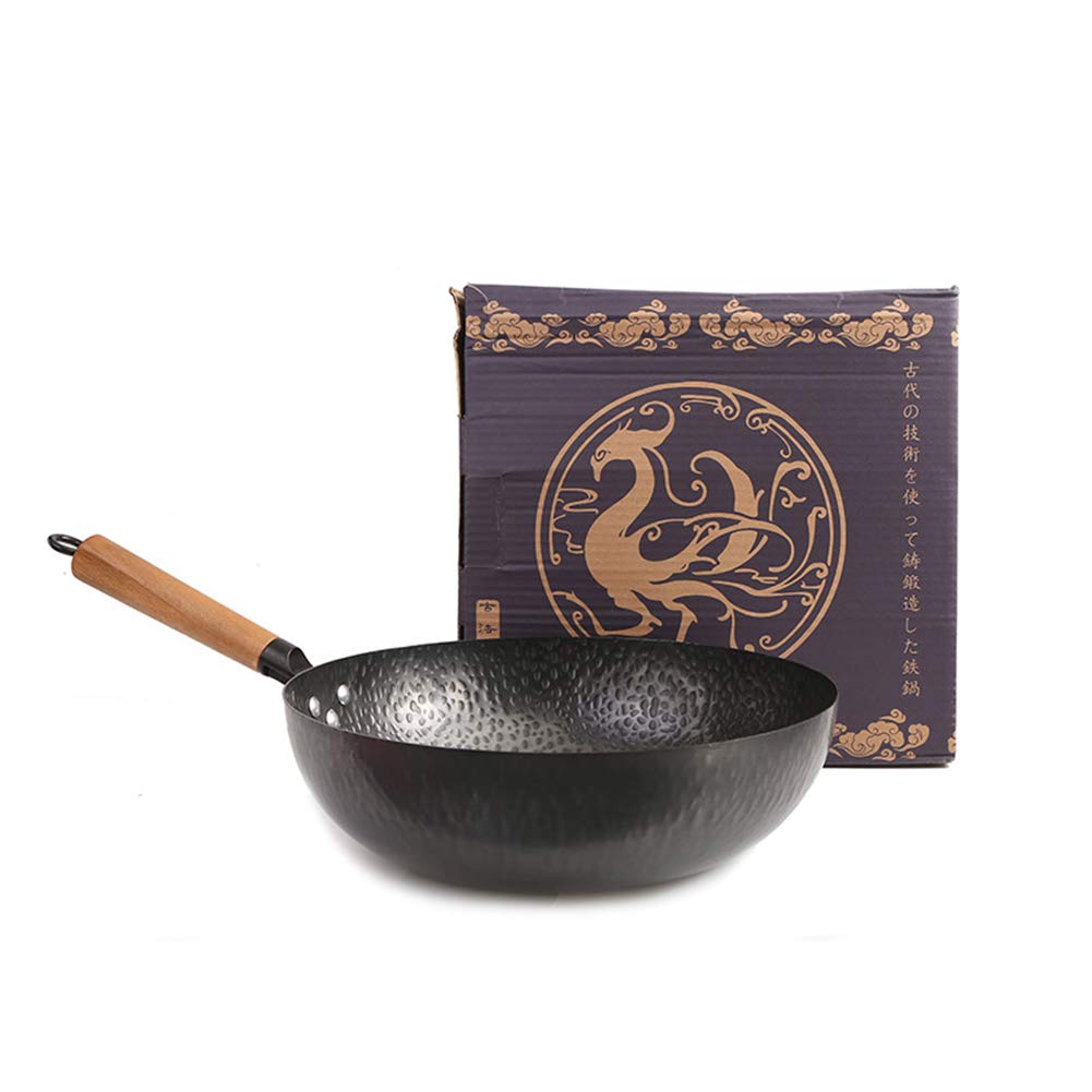 Sin Recubrimiento Wok Pan, 12,5 Pulgadas (Wok De Fondo Plano De 32 Cm) - Hecho De Hierro Puro Wok Martillado A Mano, Apto Para Cocina De Inducción, Gas Electrico Y Natural
