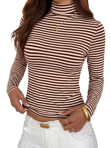 BTFBM Long Sleeve Shirts for Women Turtleneck Striped Shirt,S,Brown - image 1