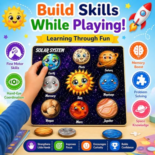 Image of Puzzle Kids Wooden Toys for Kids 3 + Jigsaw Puzzles for Adults Baby Learning Toys Educational Toys Game for Learning Learning Board Parts Anatomy Skeleton - Gift Toys for Boy and Girl (Solar System)