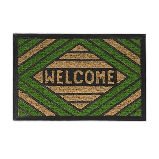 Relaxdays Felpudo Entrada Casa, Tapete Puerta Welcome, Coco, Antideslizante, 60x40cm, Interior y Exterior, Verde/Marrón, 60%, 1 Unidad