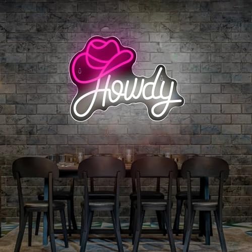 Image of Howdy Neon Sign with Cowboy Hat, Pink and White LED Neon Light for Wall Decor, Dimmable Western Neon Signs for Bachelorette Party, Nashville Decor, Cowgirl Bedroom, Bar, Dorm Art (12.7 inch x 13.1 inch)