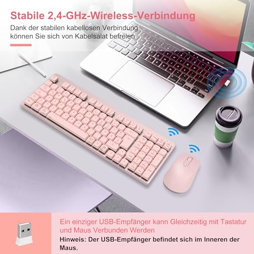 Leadsail FA98 - Tastiera Meccanica E Mouse Senza Fili, Layout Qwertz Con Mouse, Interruttore Rosso A Basso Profilo, 98 Tasti, Tastiera Compatta, 1600 Dpi Per Windows Macos Pc Laptop Rosa - 3