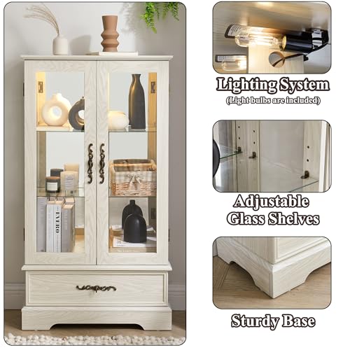 Image of 47 inch H Lighted Curio Cabinet Display Case, Glass Case with Adjustable Shelves,Tempered Glass Door and Drawer, Wooden Curio Cabinet with Mirrored Back Pane for Living Room (Antique White)