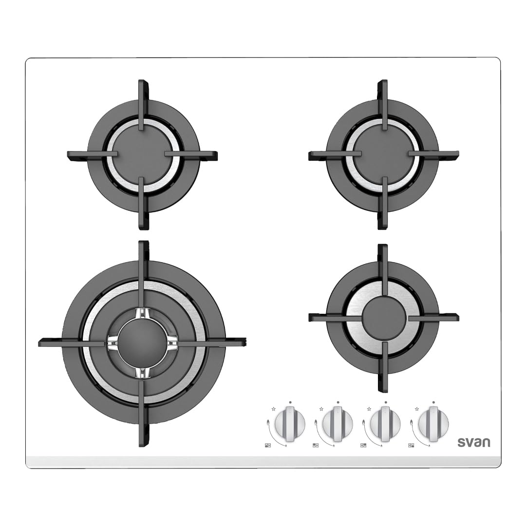 Svan Placa de Gas Butano, SGW4600B. 4 Quemadores, Ignición Automática, Quemador WOK triple llama, Mandos Giratorios, Parrillas Forjadas, Seguridad FFD, Integrable, Fácil Limpieza, Acabado Blanco