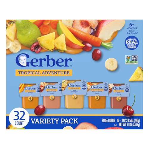 Gerber 2nd Foods Natural for Baby Tropical Adventure Baby Food, Variety Pack, 4 oz Tubs (32 Pack)