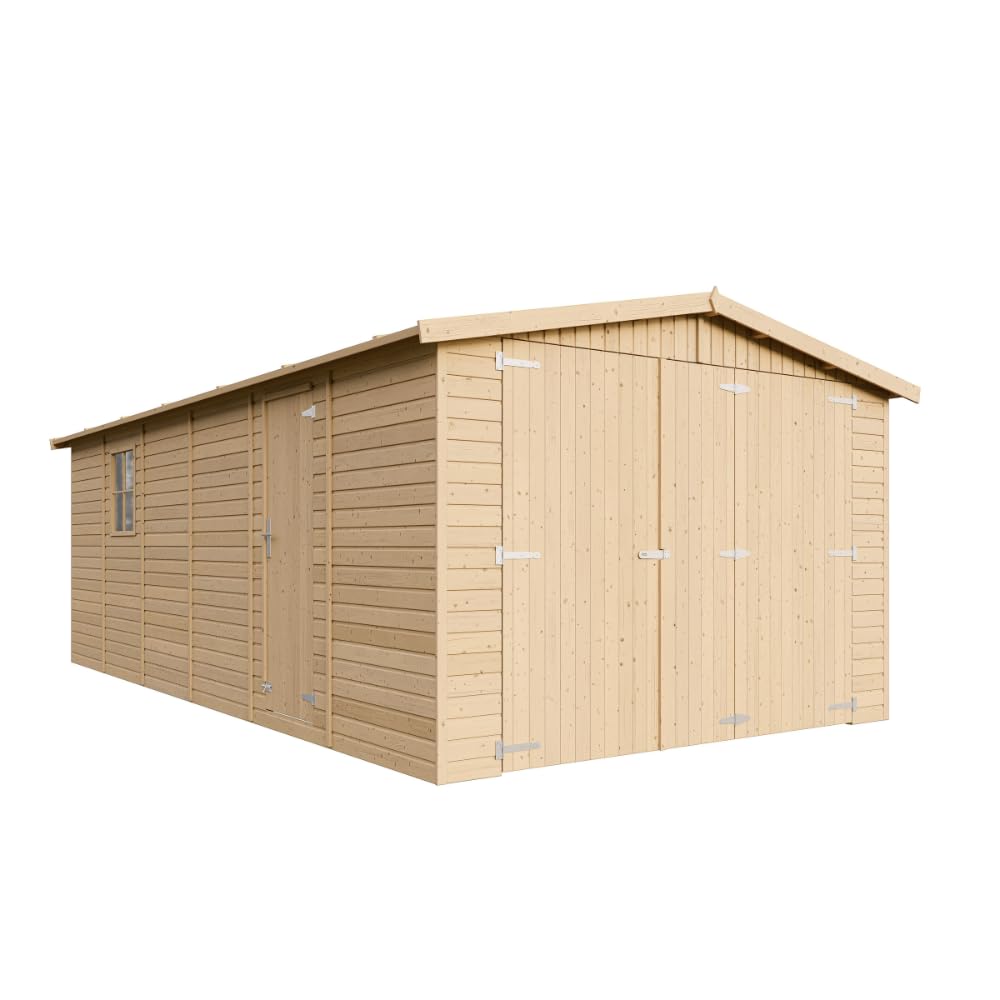 Garaje de Madera Natural - cobertizo en Pino/Abeto - A222x616x324 cm / 18 m² - Construcción Paneles - Taller de jardinería - Almacén de automóviles, cobertizo para Herramientas-TIMBELA M102