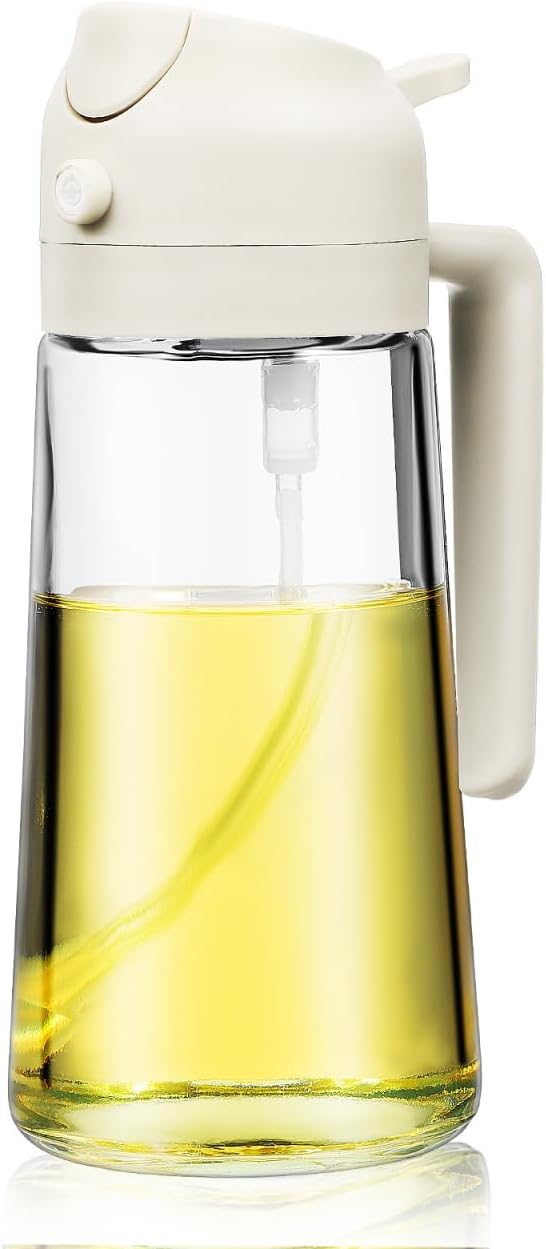 2-in-1 Oil Sprayer and Dispenser Bottle 15.8Oz Glass Container with Adjustable Nozzle and Handle for Precise Cooking Oil Pouring and Mist Spraying