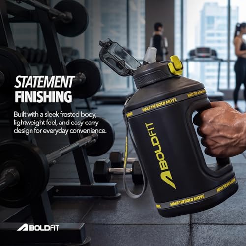 Image of Boldfit 1500ml Gallon Water Bottle for Gym- Motivational Sipper with Level Markings, Leakproof Sports Bottle with Easy Carry Handle for Men & Women, Black- 1.5L