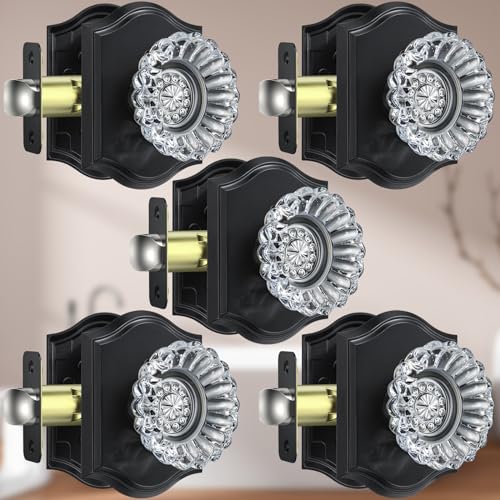 Calzibeno Crystal Door Knobs Interior, Matte Black Door Knobs, 5 Pack