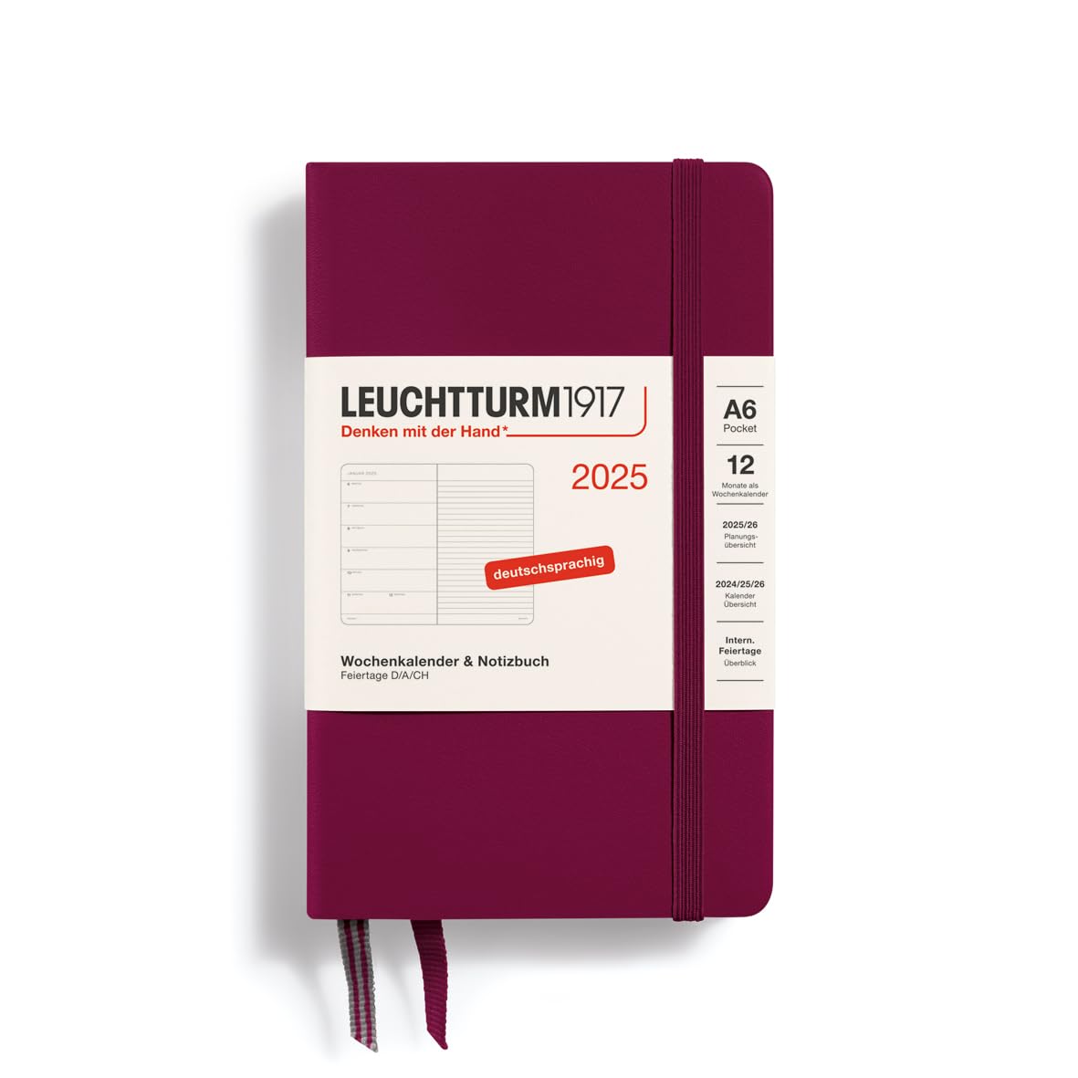 LEUCHTTURM1917 370499 Weekly Calendar & Notebook 2025, Pocket A6 Hardcover - 12-Month Planner, 80 g, Lined - Port Red