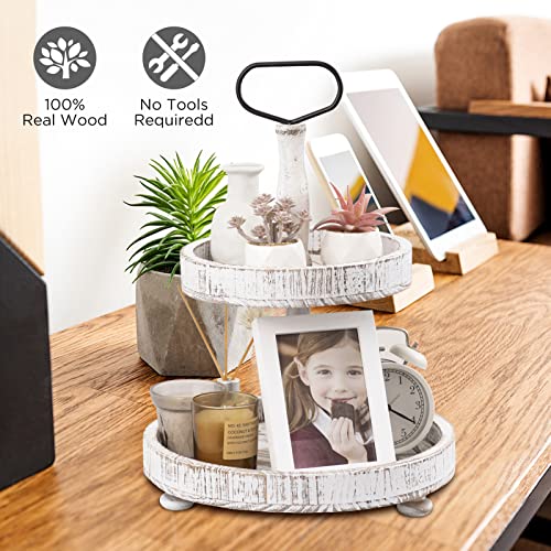 Farmhouse Two Tiered Wooden Tray Stand, UBTKEY 2 Tier Wood Round Decorative Tray with Metal Handle for Home Kitchen Seasonal Holiday Decorations, 17\"x13\" (Distressed White)