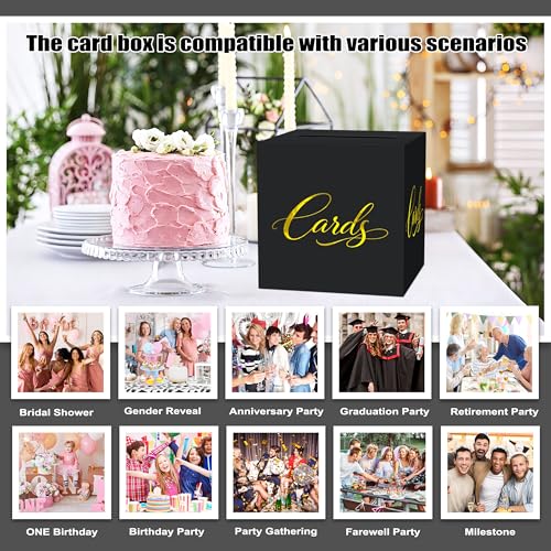 Image of Black and Gold Wedding Card Box for Reception, 8.7 inch Cardstock Card Holder for Graduation, Anniversary, Birthday, Retirement, Elegant Party Gift Box for Envelopes and Money, Easy Assembly