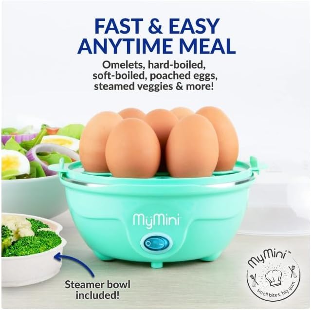 My Mini Premium 7-Egg Cooker with various egg dishes and steamed vegetables