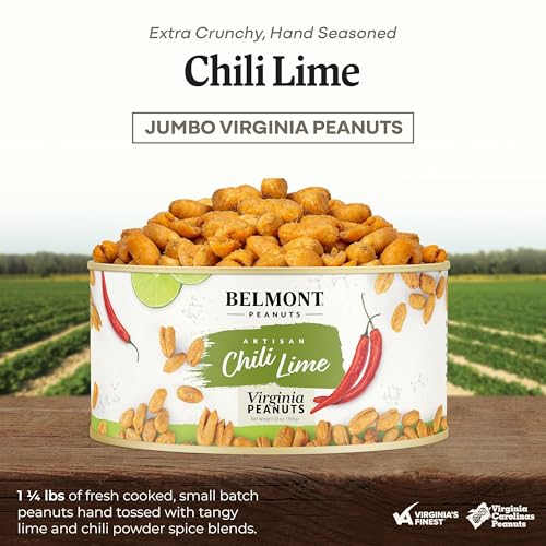 Image of Belmont Peanuts Gourmet Chili Lime Virginia Peanuts, 20 oz (1 Pack) - Simple Ingredients, No Preservatives, 7g Protein - A Premium, Citrusy, Spicy, Salty, Crunchy, Hand Seasoned Snack