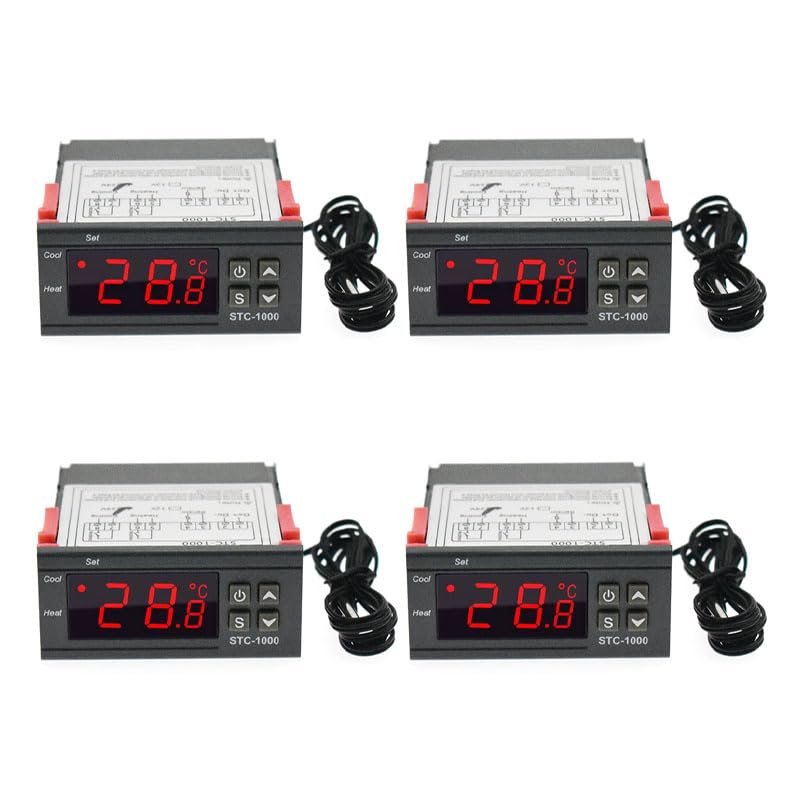 4PCS STC-1000 Digital Temperature Controller AC 10A 110V-220V Digital LED Temperature Controller Heating Cooling Centigrade Thermostat 2 Relays Output with NTC Sensor Probe (12V)