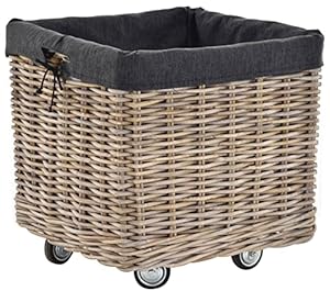 Großer Rollkorb mit Griffen/Holzkorb mit Rollen aus grauem Natur Rattan/Aufbewahrung Holz-Wagen Räder Kaminholz-Korb Kamin Allzweck-Korb mit Inlett (Quadratisch klein)