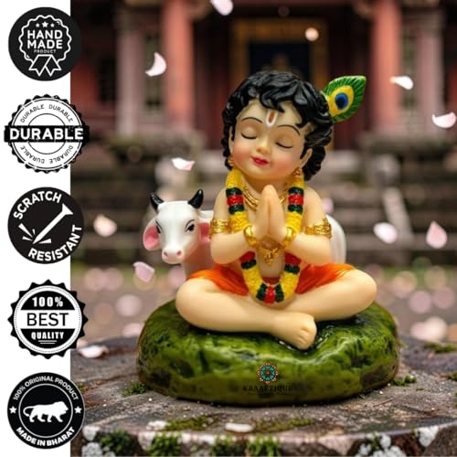 Image of Laddu Gopal Idol with Cow, Resin Bal Krishna Murti for Car Dashboard, Home Temple, Office Desk & Pooja Room, Krishna Statue for Janmashtami, Housewarming & Spiritual Gift, 8 cm