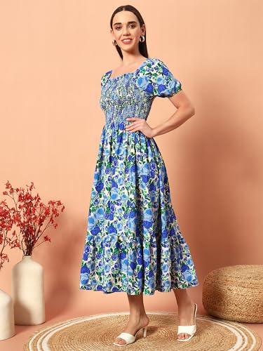 Kzully Women's Rayon Smocked Midi Dress (1003-Blue-M_Blue