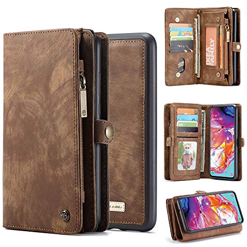Galaxy A70 Wallet Case,Bpowe Zipper Purse Leather Shockproof TPU Bumper Detachable Magnetic Flip Case with Card Slots Stand Holder Case for Samsung Galaxy A70 (Brown)