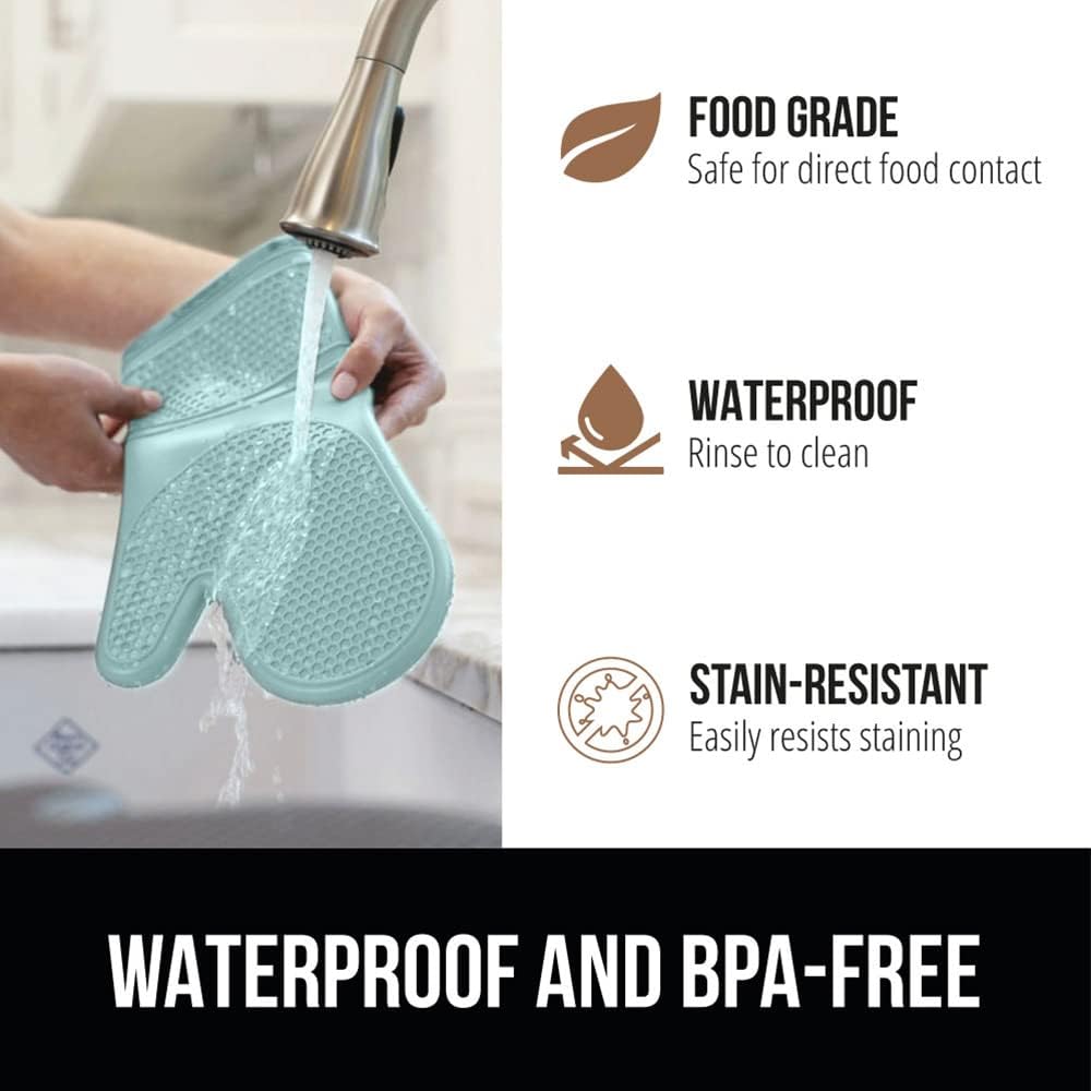 GORILLA GRIP BPA-Free Soft Silicone Oven Mitts and Trivets Set of 4, Heat Resistant and Waterproof Cooking Gloves, Thick Cotton Lining, Flexible Gripping for Baking Grilling, Kitchen Potholders, Mint