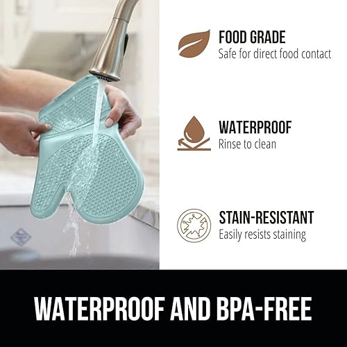 Miniatura 5 de GORILLA GRIP Guantes de horno de silicona suave sin BPA, 14.5 x 8.3, resistentes al calor e impermeables, forro de algodón grueso, agarre flexible