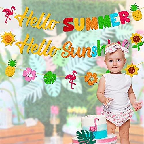 Hello Summer Hello Sunshine Banner For Summer Hawaiian Tropical Flamingo Pineapple Sunflower Beach Theme Holiday Happy Birthday Wedding Bachelorette Engagement Bridal Shower Party Supplies Glitter Decorations #TOP6