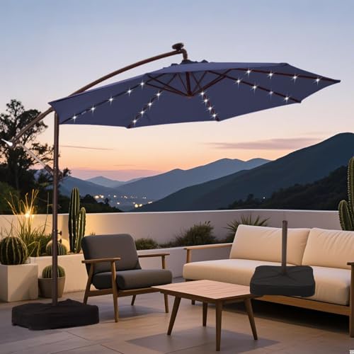 Ayge 10ft Offset Solar LED Cantilever Umbrella – Durable UV-Resistant Outdoor Patio Umbrella with Easy Tilt for Backyard, Pool & Lawn (Base Included