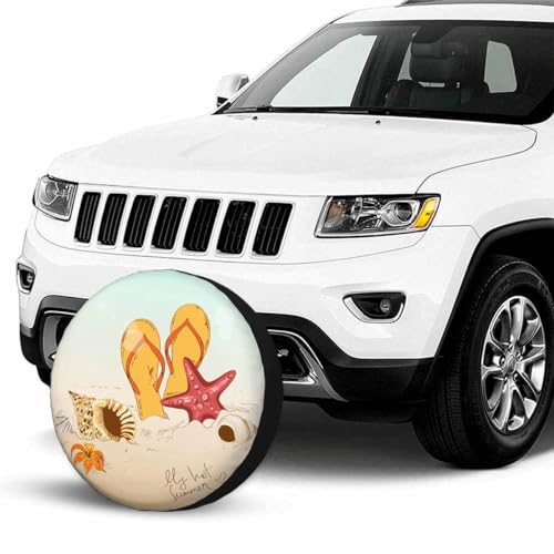 Image of Summer Beach Spare Tire Cover Seashells Starfish and Flip Flops Wheel Covers for RV Tires Camper Tire Case Protectors for Trailer Rv SUV Truck Travel Trailer 15 in