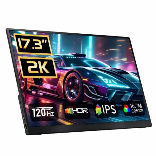 Image of Portable Monitor 2K 17.3 Inch 120Hz-144Hz, QHD Gaming Monitor with Kickstand, 2560x1440P 100% DCI-P3, Ultra Slim Travel, USB-C HDMI HDR External Screen for Laptop PC Mac Xbox Switch PS5 /4