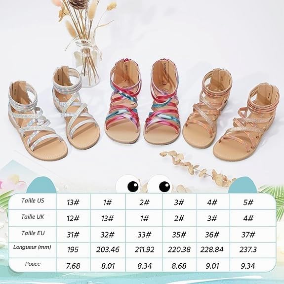 Sandales de princesse à bout ouvert et à lanières pour fille - Sandales plates d'été - Pointure 37