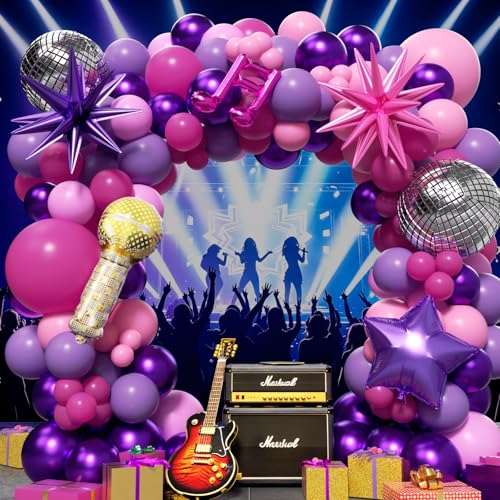 Image of K-Pop Music themed Birthday Decorations 160Pcs, Hot Pink Metallic Purple Balloon Garland Arch Kit with Disco Notes Star Foil Balloons for Girls Fans Birthday Grad Prom Princess Party Decor