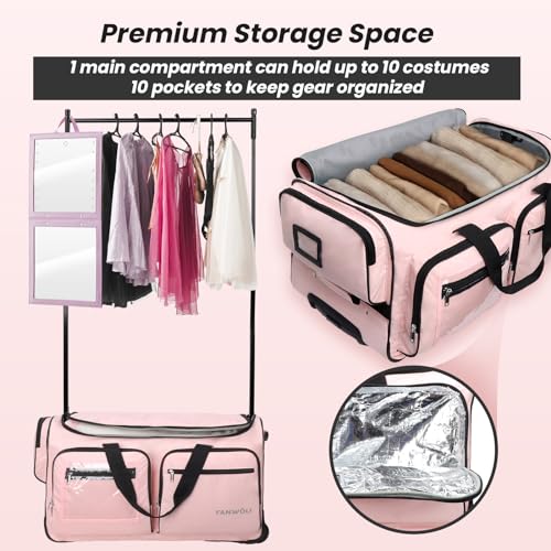 Fanwoli 28" Dance Bag with Garment Rack | Upgraded Stable System & Fabric | More Lightweight & Wear-Resistant | Ideal Competition Rolling Duffle Bag | Pink/Black Trim4