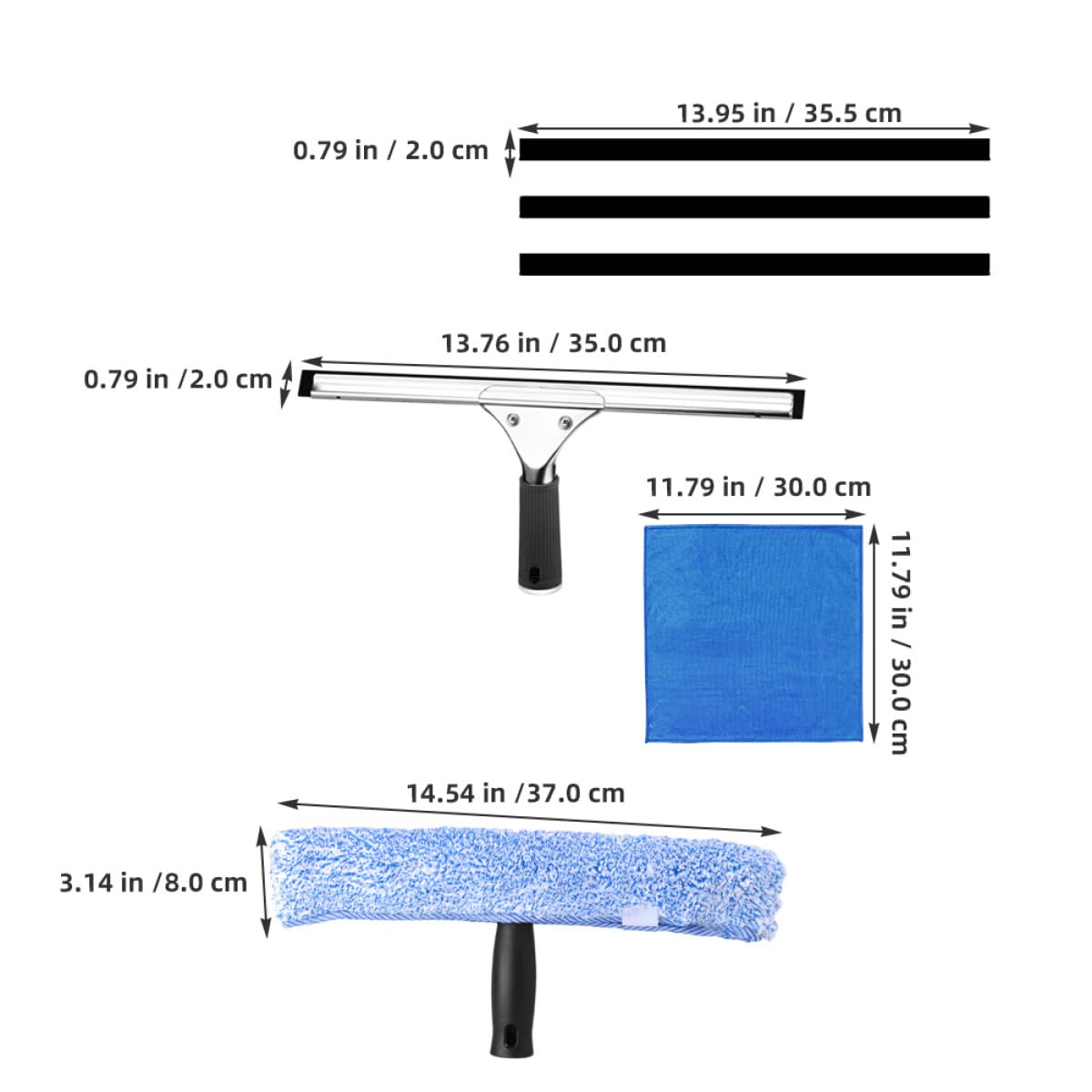 Kit Limpiador de Ventanas Multiuso Escobilla de Goma Negra, Soporte T Negro Cabezal de Microfibra Estrellado, Paño Azul 30x30 Cm y 3 Tiras de Goma 35 Cm para Hogar, Baño y Coche