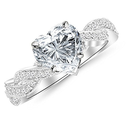 14K White Gold 2 Carat LAB GROWN DIAMOND Vintage Eternity Love Twisting Split Shank Heart Cut Diamond Engagement Ring With Milgrain (D-E Color VS1-VS2 Clarity 1.5 Ct Center)