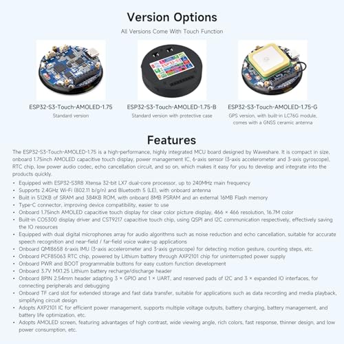 Waveshare ESP32-S3 1.75inch AMOLED Round Touch Display Development Board, 32-bit LX7 Dual-core, 466×466, QSPI, Dual Digital Microphones Array, ESP32 with Display, with Case - Image 5