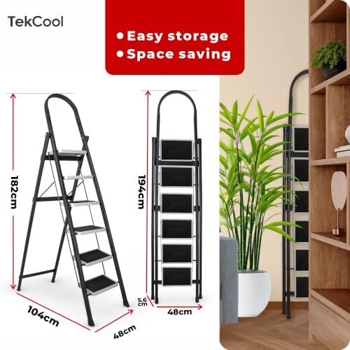 Image of TEKCOOL Ladder for Home 6 Steps Foldable with Built-in Tool Tray | Heavy Duty D Shape Rods | 20 x 30cm Large Platform | Wide Rubber Feet | Secure Lock | 150Kg Capacity