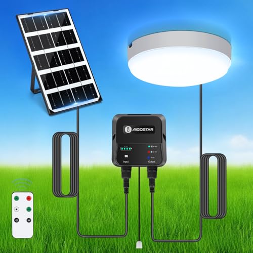 Aigostar Luz Solar Interior Exterior 35W Plafón LED Techo Solar con Caja de Almacenamiento de Energía, Mando a Distancia, IP65 Impermeable, Cable de 8m, Ajustable 6500K
