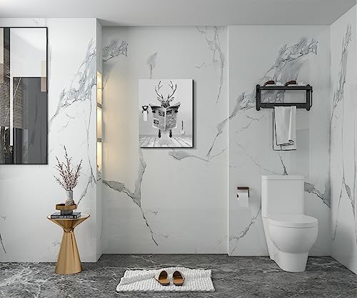 Funny Deer Bathroom Wall Decoration Black And White Canvas Deer In Bathroom Decoration Pictures Humorous Animal Bathroom Wall Art Printed Country Farmhouse Style Wall Decoration Ready Frame Hanging In Bathroom, Bedroom, Children's Bathroom Decoration (12X15Inch,Framed) #TOP5